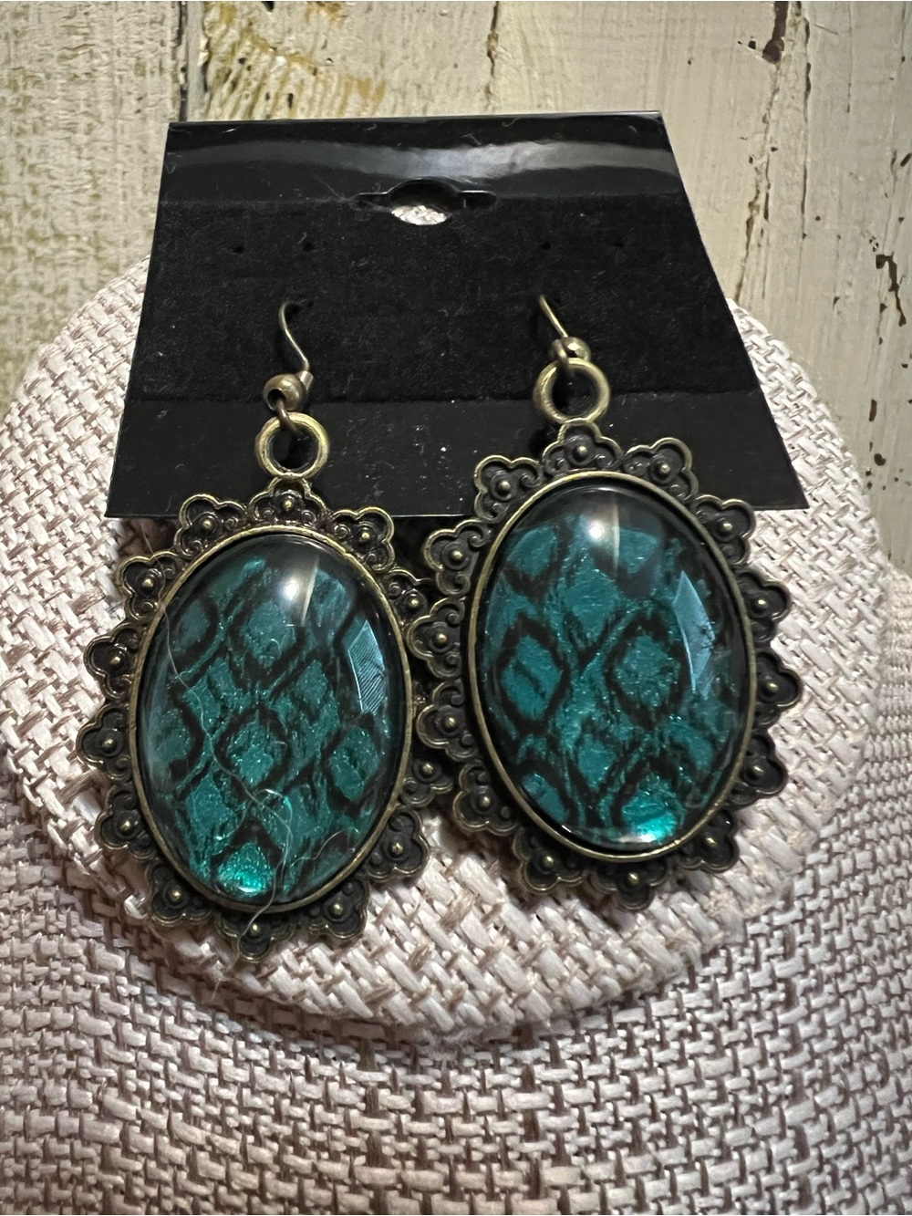 Teal Patterned Oval Drop Earrings - Women Jewelry